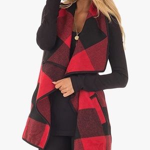 YACUN Vest Lapel Open Front Buffalo Plaid